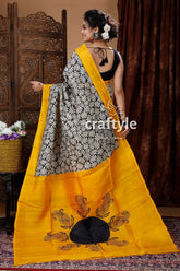 Golden yellow hand block pure mulberry silk saree 5