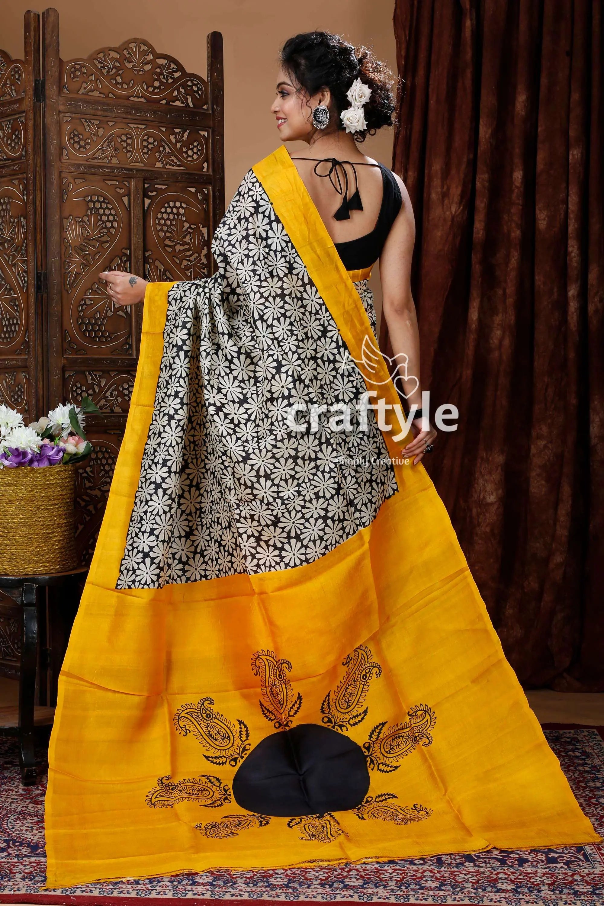 Golden yellow hand block pure mulberry silk saree yellow black saree floral embroidery 5