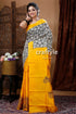 Golden yellow hand block pure mulberry silk saree yellow black floral saree 1