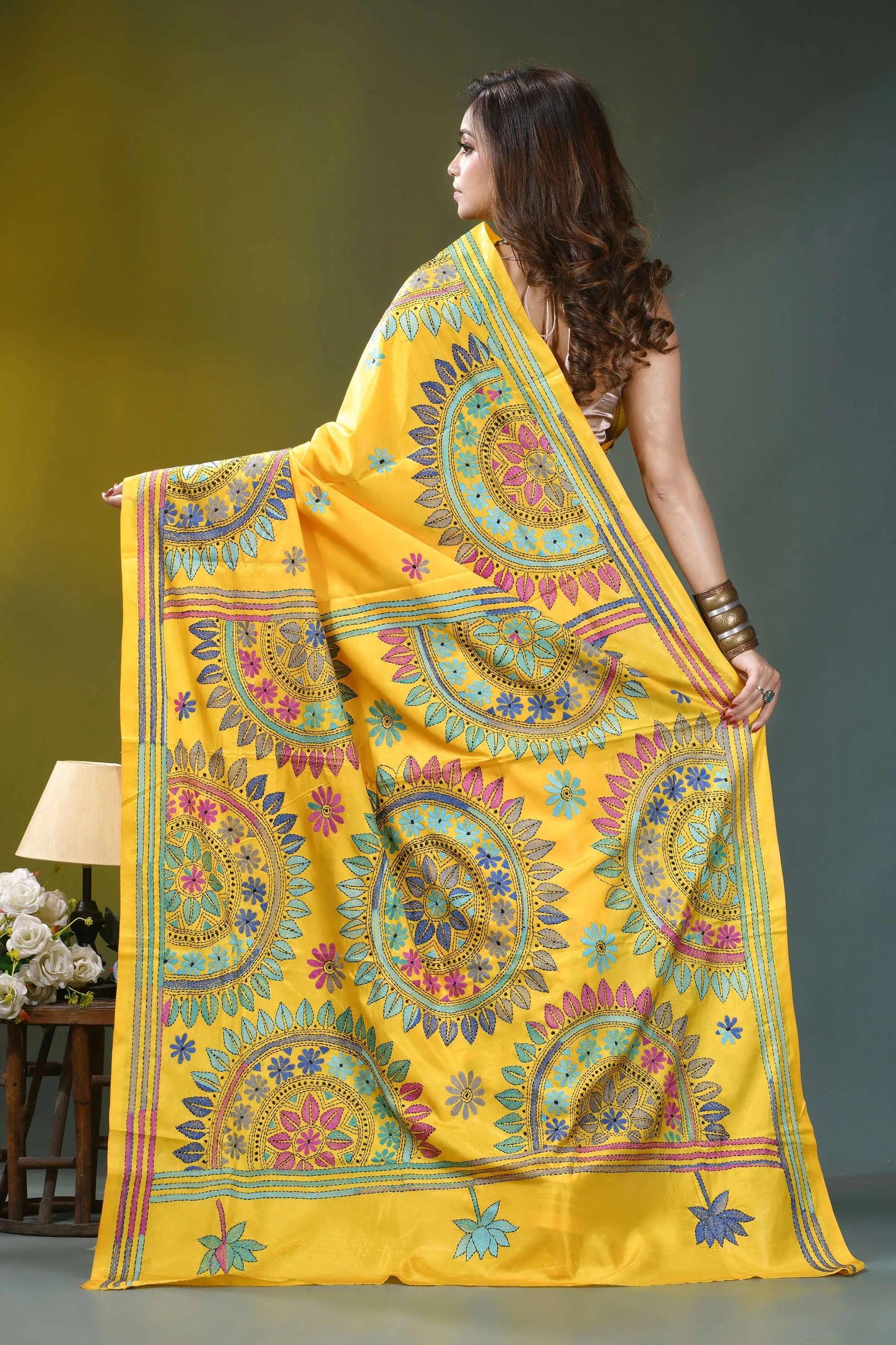 Golden yellow mandala pattern handcrafted silk kantha saree vibrant yellow saree intricate floral 5