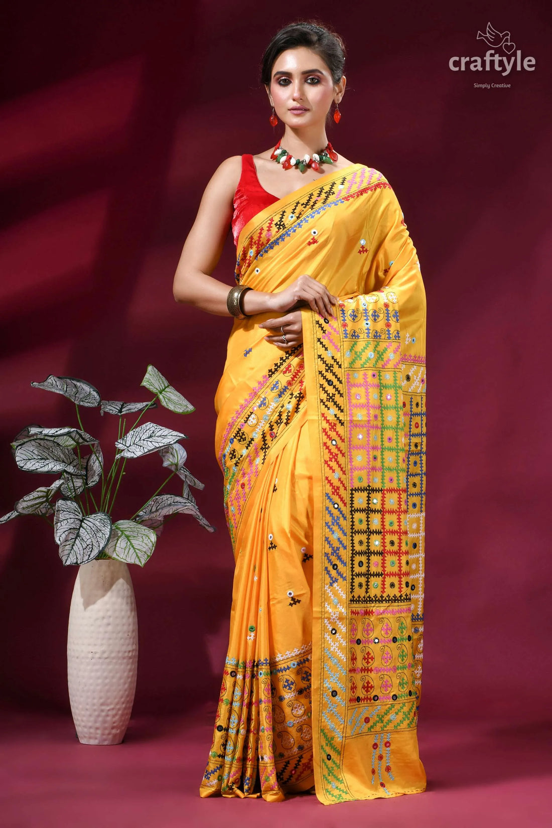 Golden yellow multi-thread kutch embroidered silk saree - mirror work vibrant yellow saree intricate multicolored 1