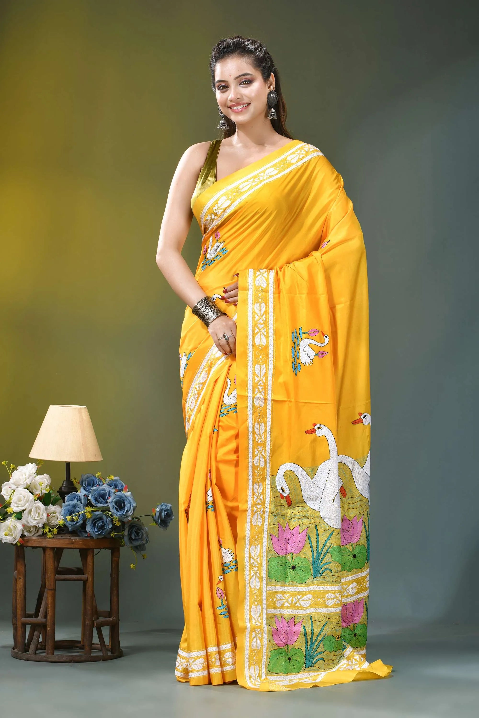 Golden yellow multi-thread nature theme silk kantha work saree vibrant yellow silk saree adorned 1