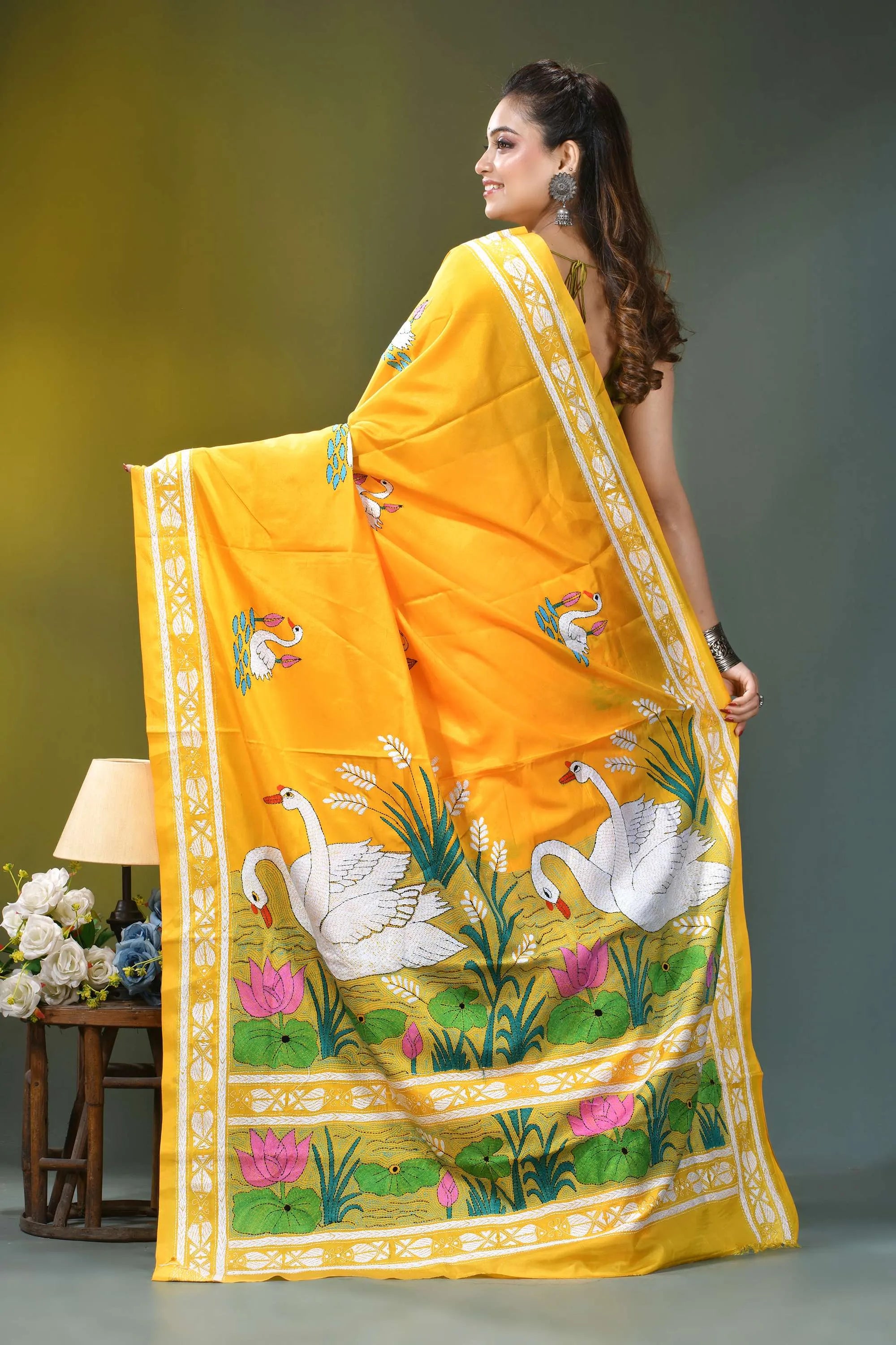 Golden yellow multi-thread nature theme silk kantha work saree vibrant yellow silk saree adorned 5