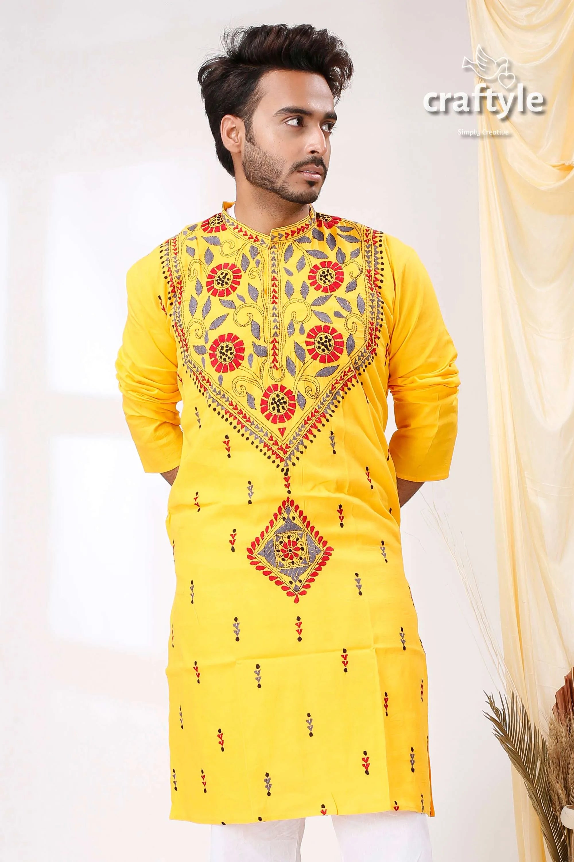 Golden yellow multithread kantha work ethnic cotton kurta for men vibrant intricate red 2