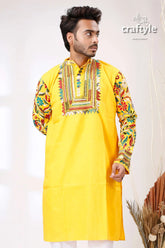 Golden yellow multithread work kantha embroidered cotton mens kurta yellow embroidered kurta 2