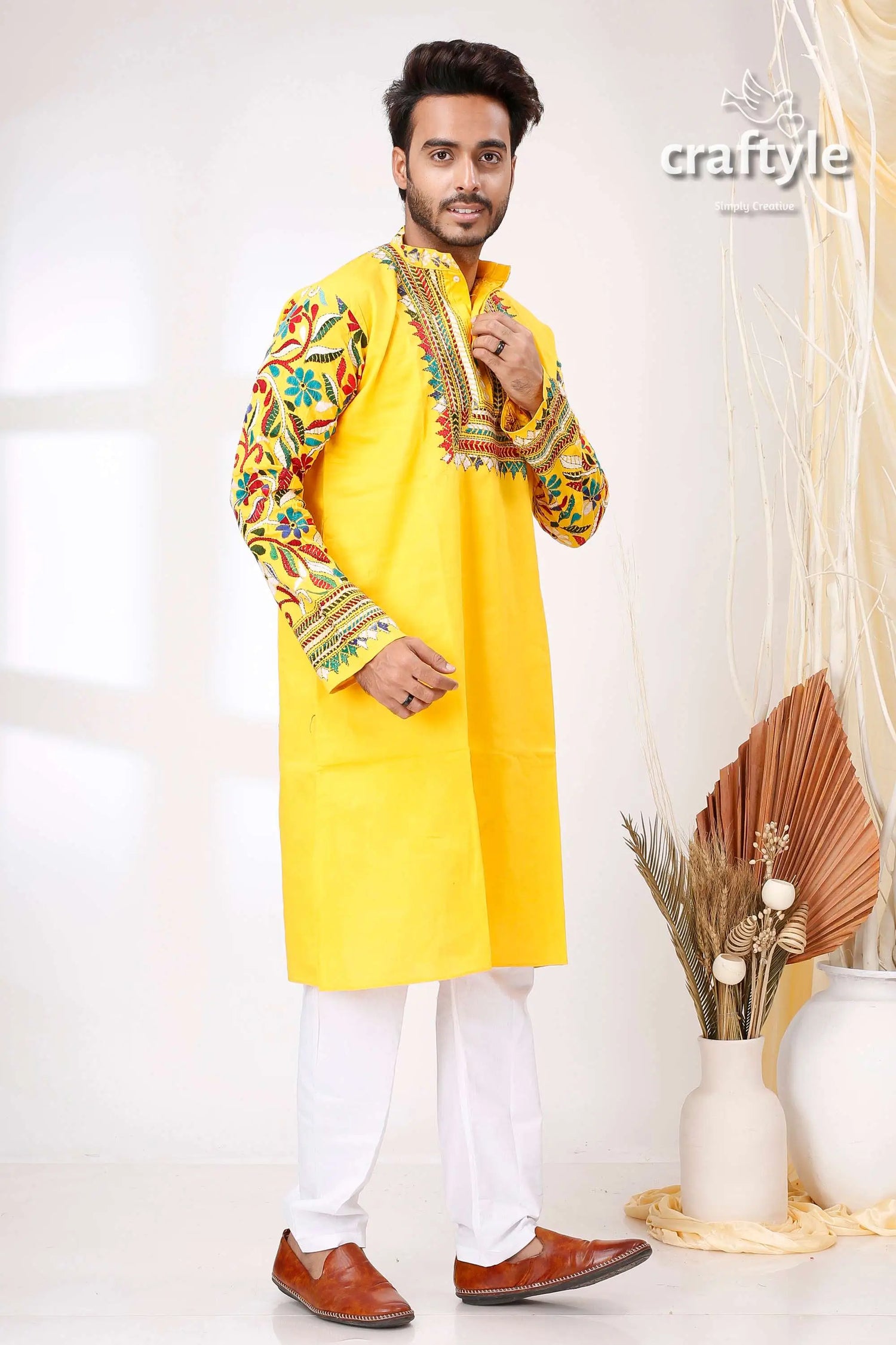 Golden yellow multithread work kantha embroidered cotton mens kurta man yellow embroidered kurta 4
