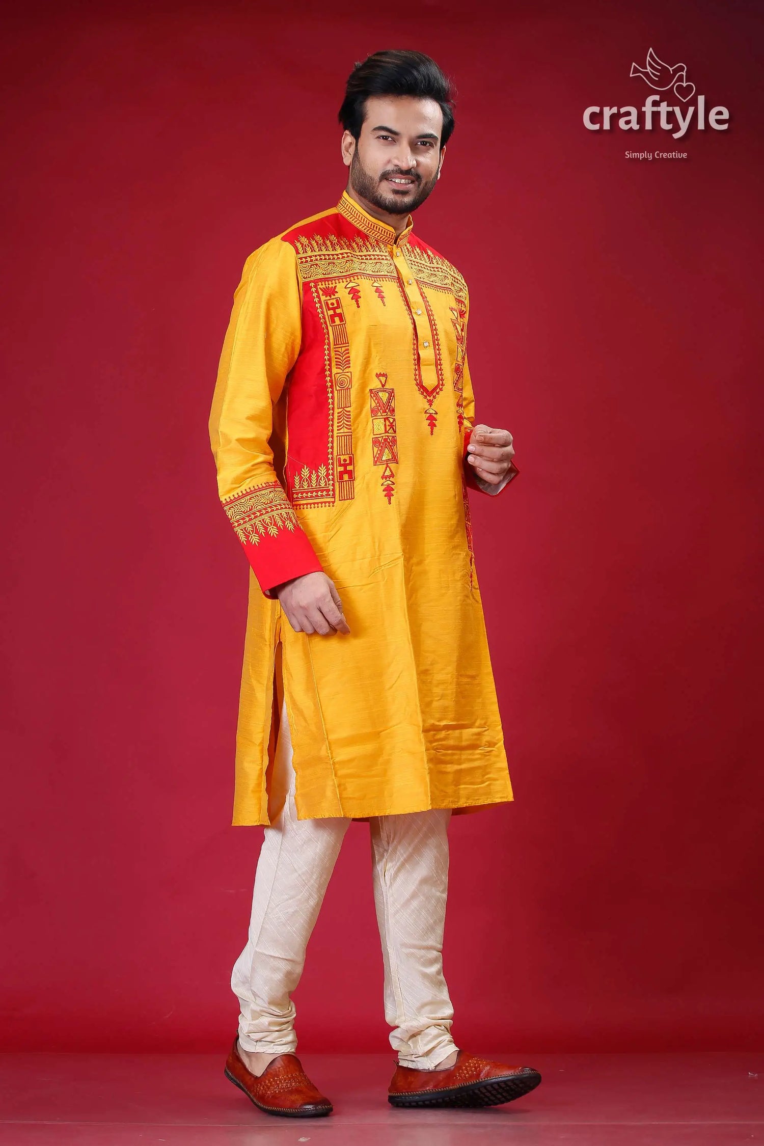 Golden yellow red silk kurta for men elegant embroidery design man’s yellow red embroidered kurta 4