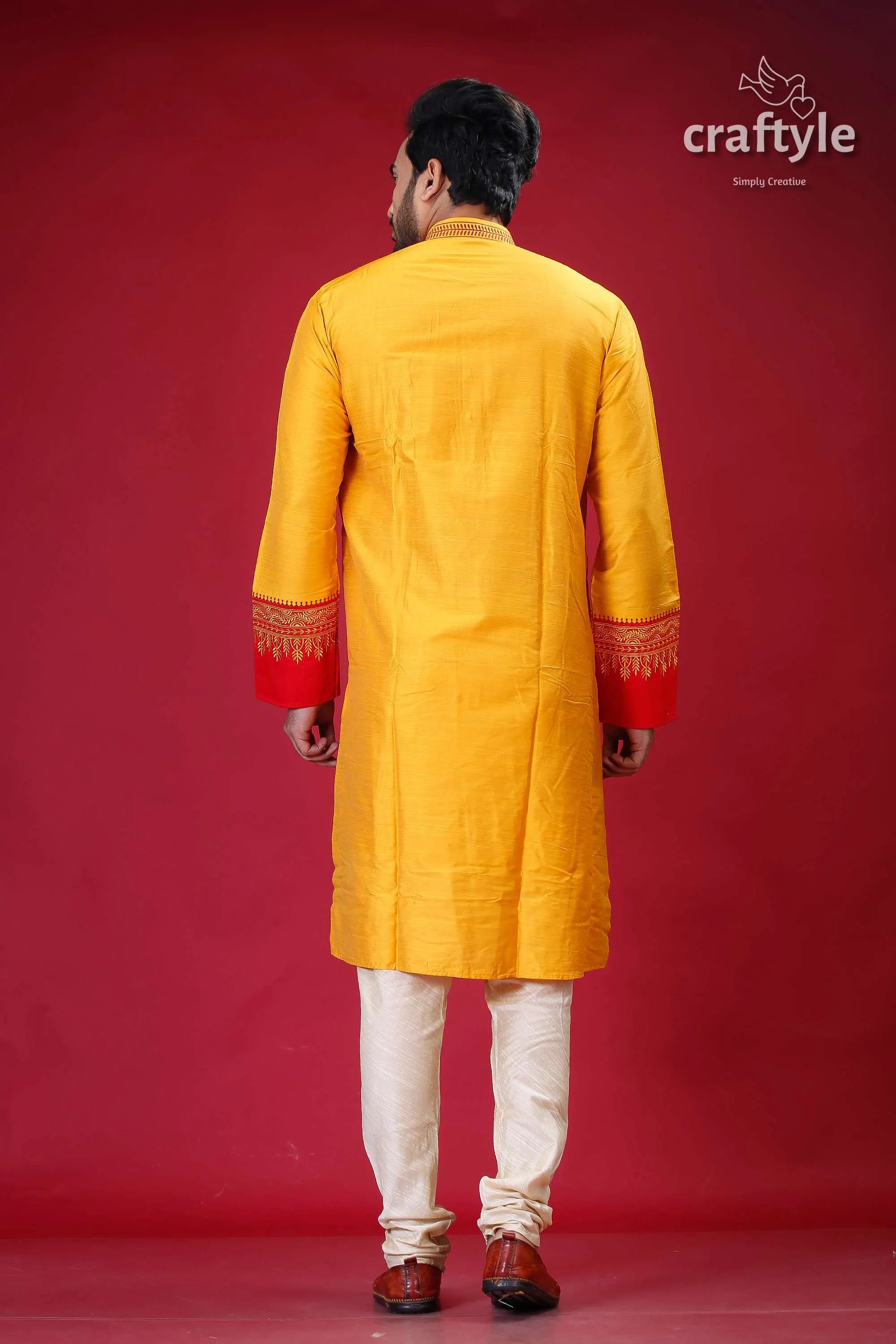 Golden yellow red silk kurta for men - elegant embroidery design yellow kurta red gold trim 5