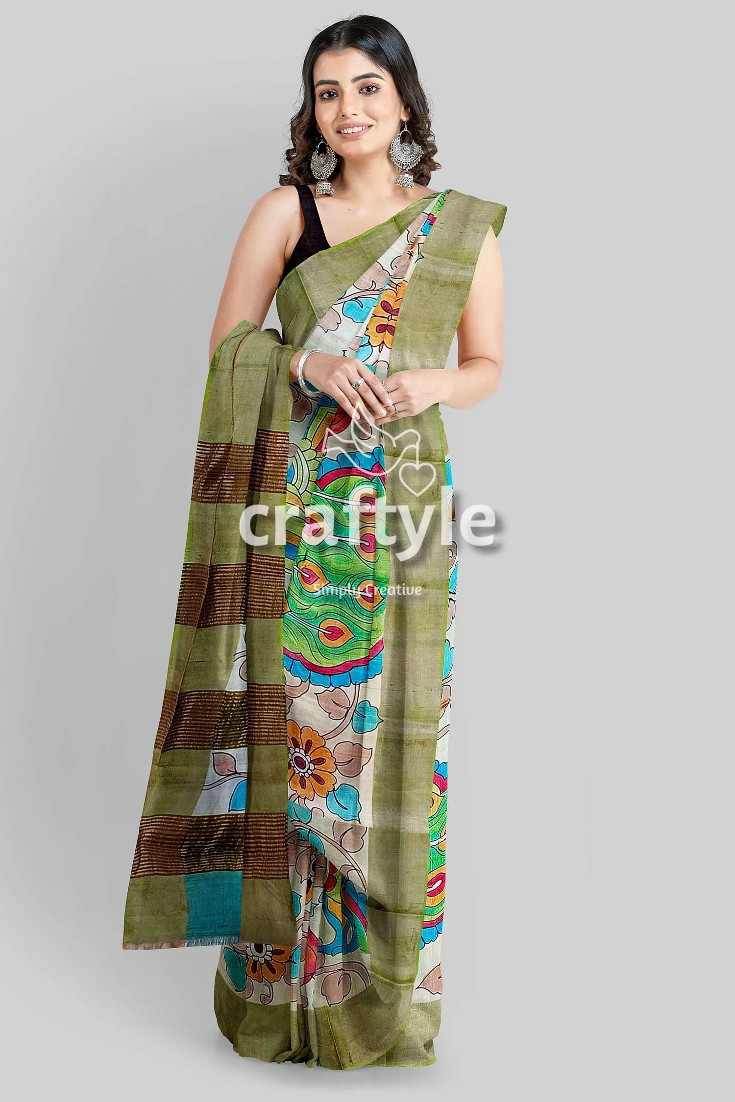Gorgeous handmade floral design pure tussar kalamkari saree with zari border olive green saree floral geometric 4