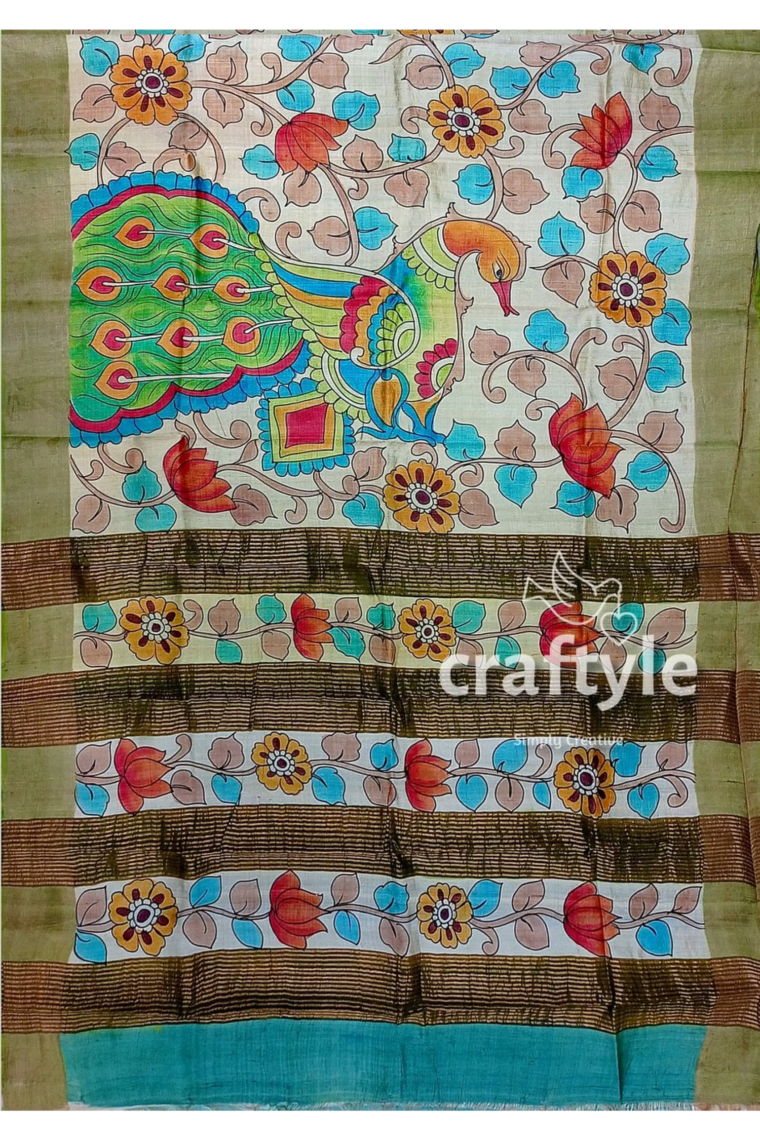 Gorgeous handmade floral design pure tussar kalamkari saree with zari border hand-painted peacock saree 7