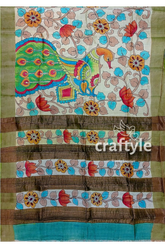 Gorgeous handmade floral design pure tussar kalamkari saree with zari border hand-painted peacock saree 7