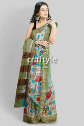 Gorgeous handmade floral design pure tussar kalamkari saree with zari border woman green floral saree 3