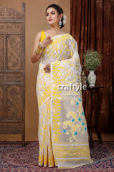 Graceful jamdani saree in salt white and yellow elegant indian sari woman yellow white saree 1
