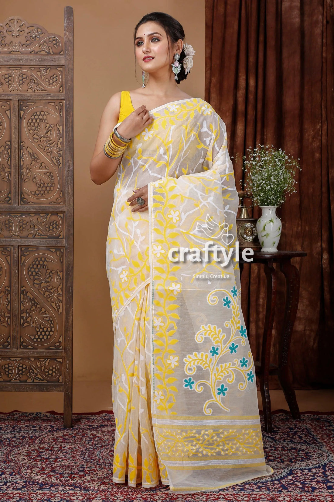 Graceful jamdani saree in salt white and yellow elegant indian sari woman 1
