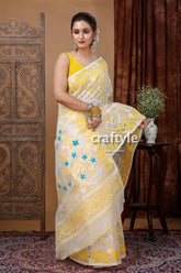 Graceful jamdani saree in salt white and yellow elegant indian sari woman yellow white saree 5