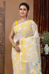 Graceful jamdani saree in salt white and yellow elegant indian sari woman white yellow floral saree 2
