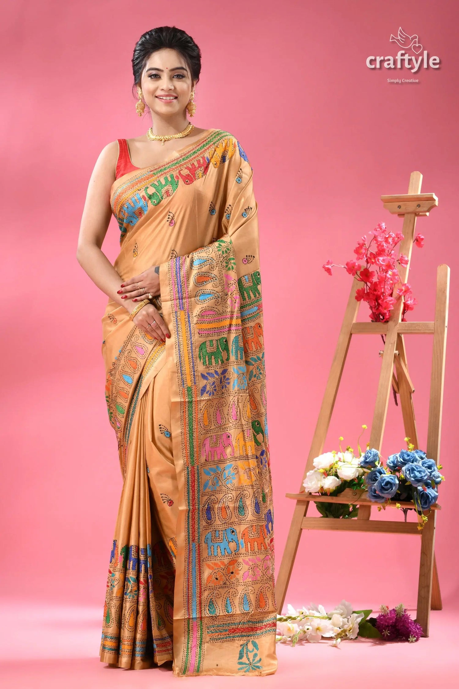 Grain brown elephant art exclusive kantha silk saree woman peach colored silk saree intricate 1