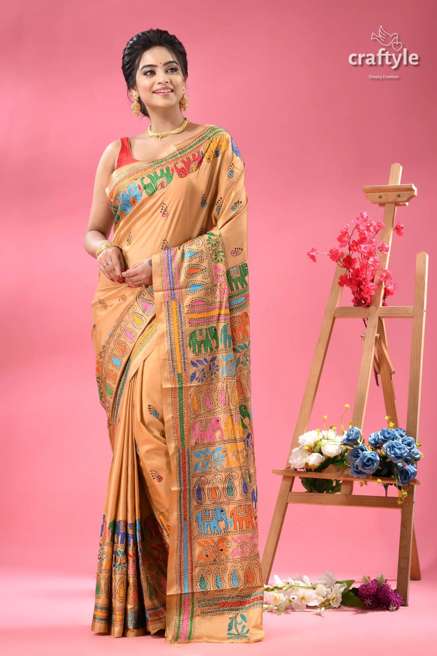Grain brown elephant art exclusive kantha silk saree woman traditional light orange saree 6