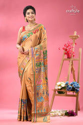 Grain brown elephant art exclusive kantha silk saree woman traditional light orange saree 6