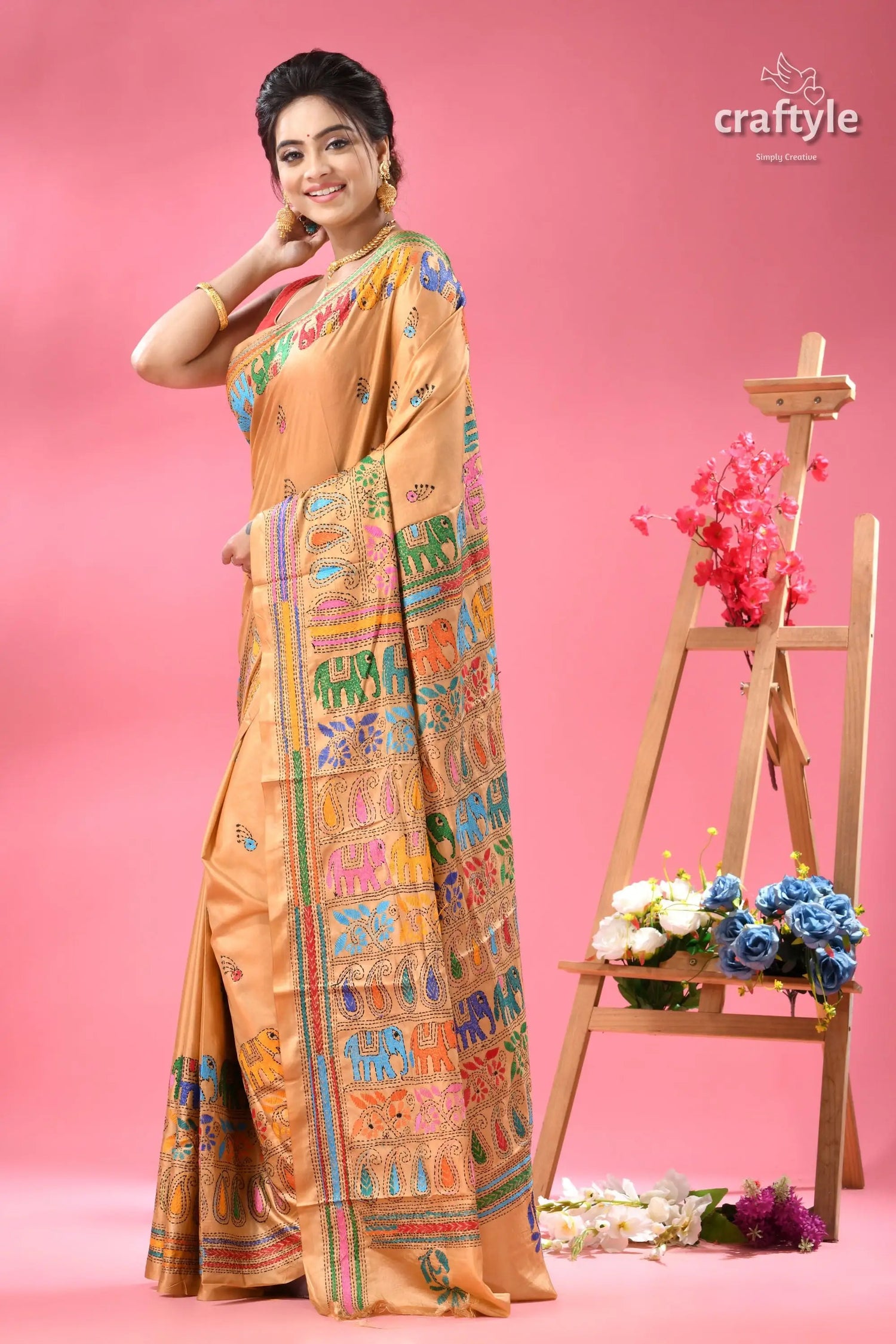 Grain brown elephant art exclusive kantha silk saree peach colored silk saree colorful embroidered 4