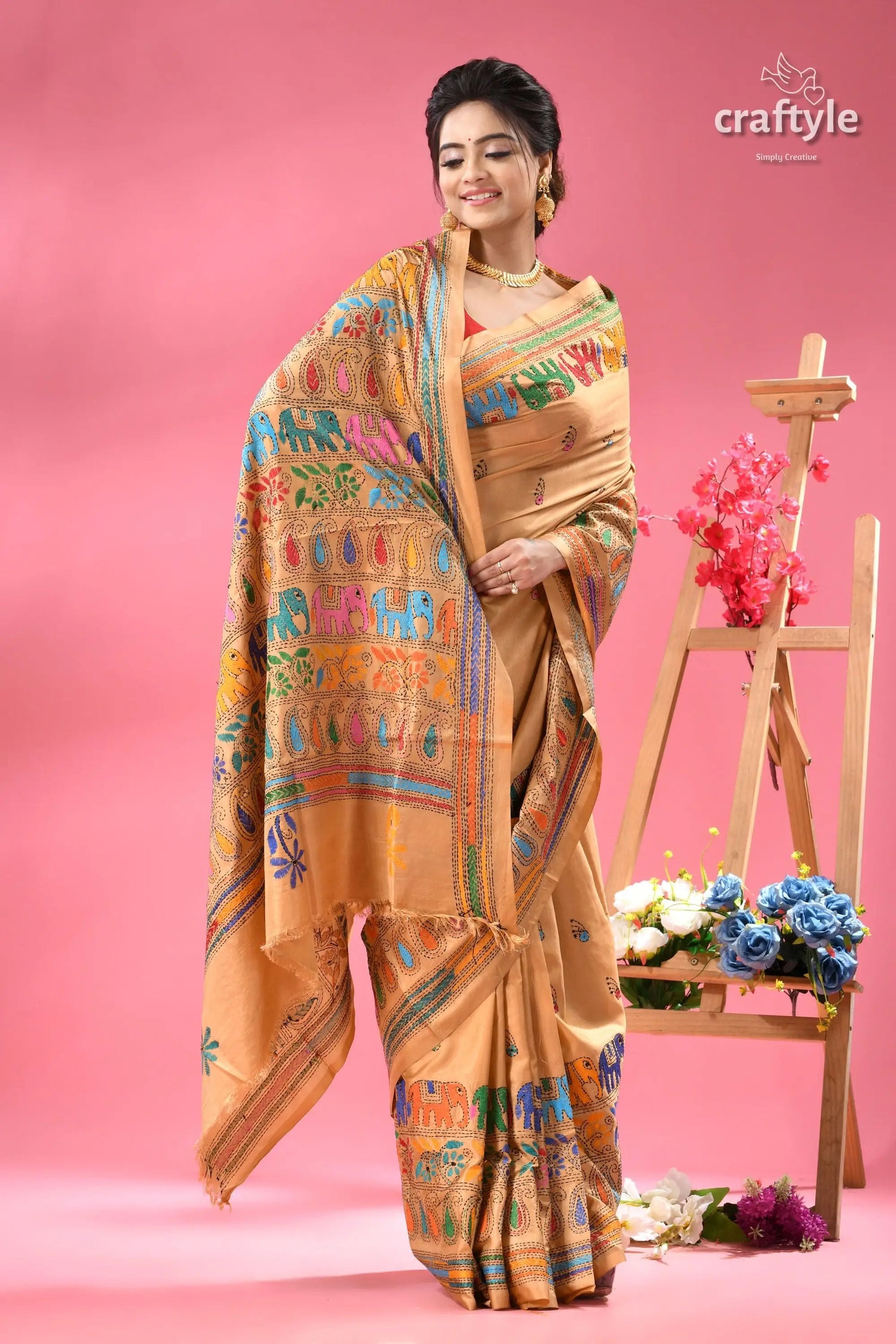 Grain brown elephant art exclusive kantha silk saree woman beige kantha embroidered saree 3