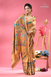 Grain brown elephant art exclusive kantha silk saree woman beige kantha embroidered saree 3