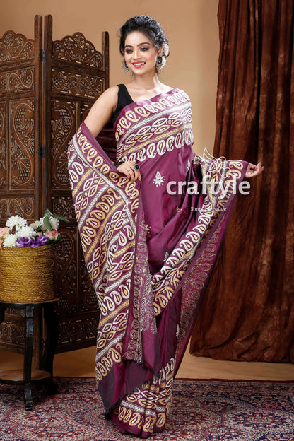 Grape Purple Silk Kantha Stitch Saree-Craftyle
