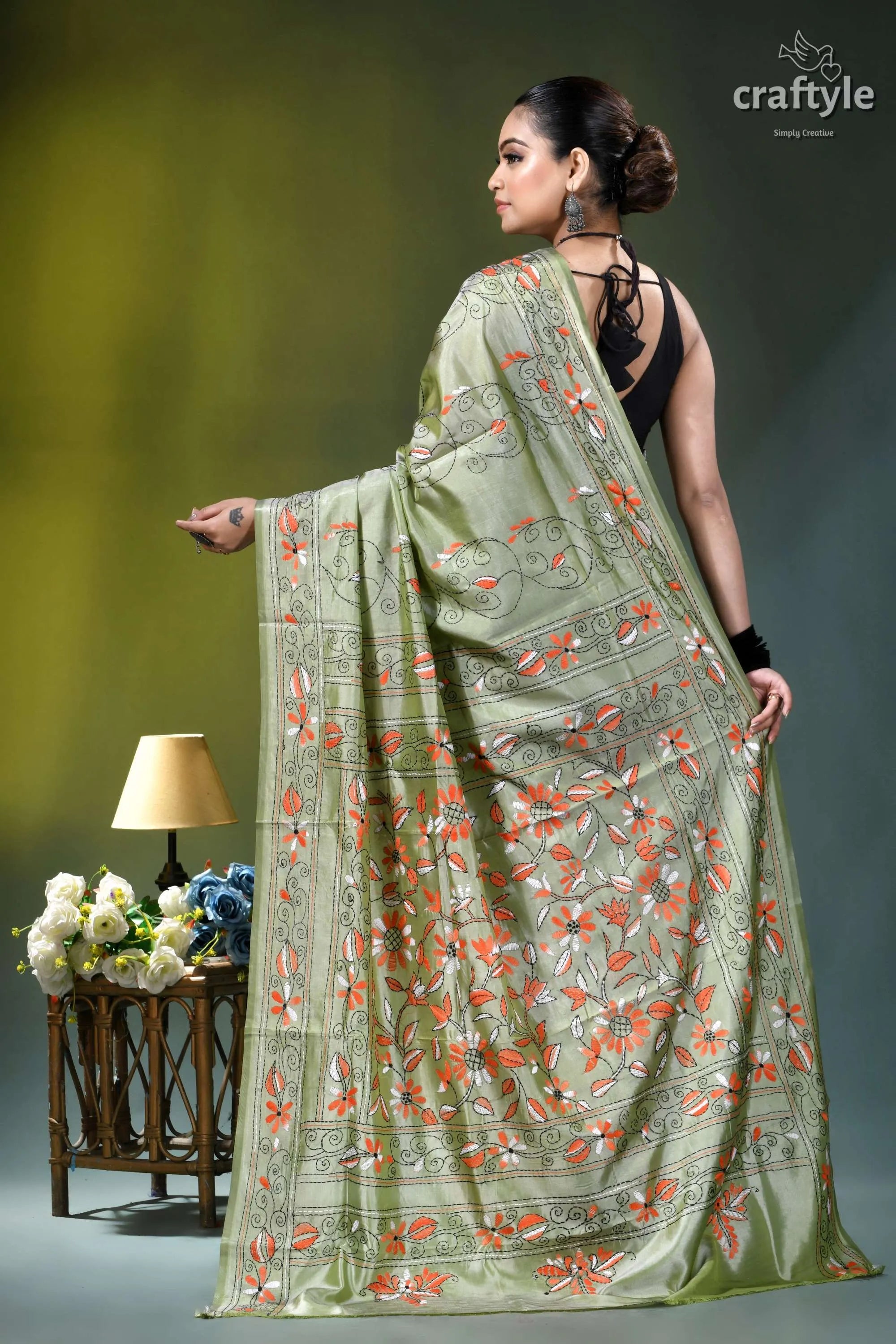 Grayish olive floral motif handmade silk kantha stitch saree light green silk saree adorned 5
