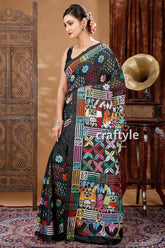 Grease black hand embroidered kantha silk saree black saree colorful embroidery 5