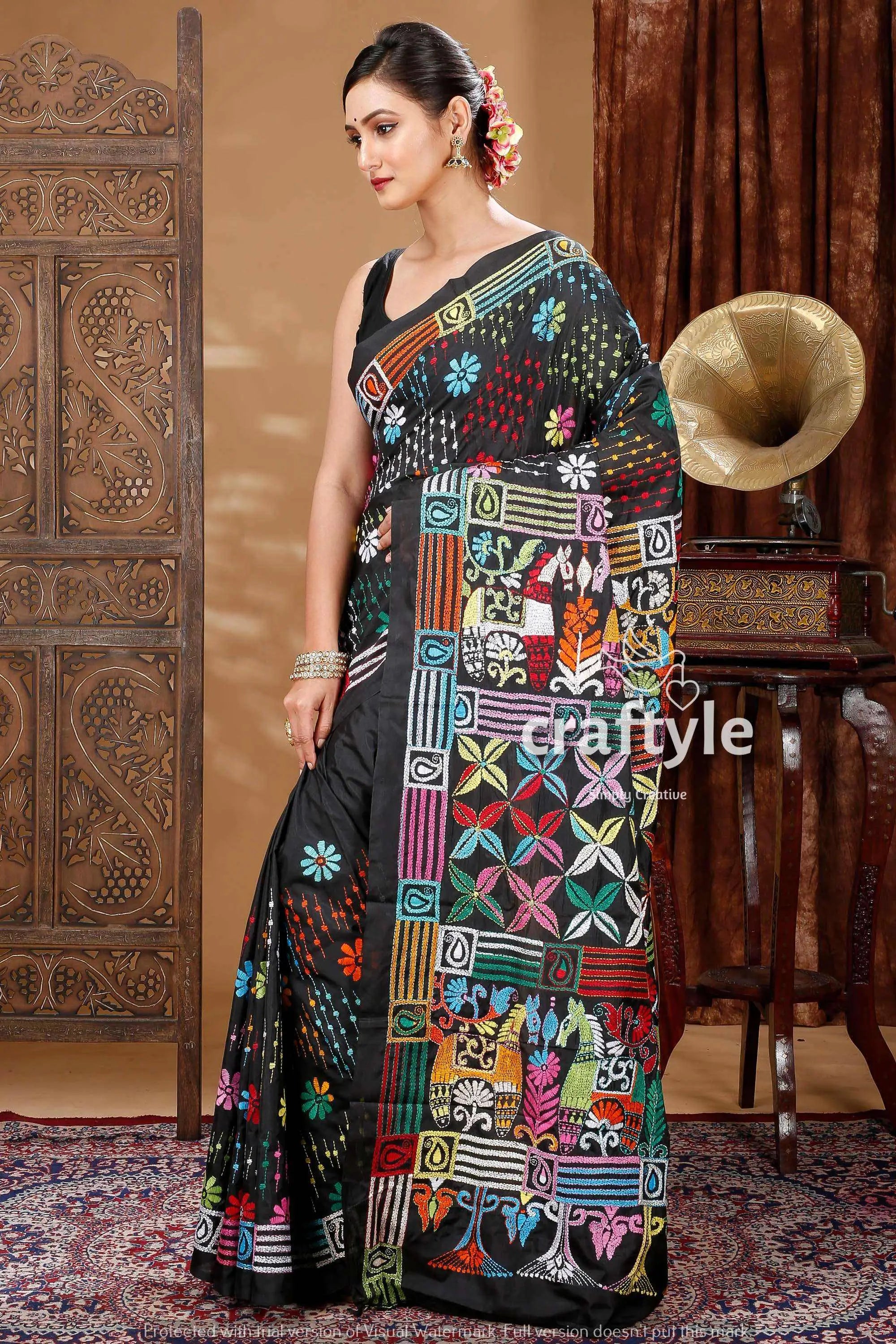Grease black hand embroidered kantha silk saree black saree colorful embroidery 5
