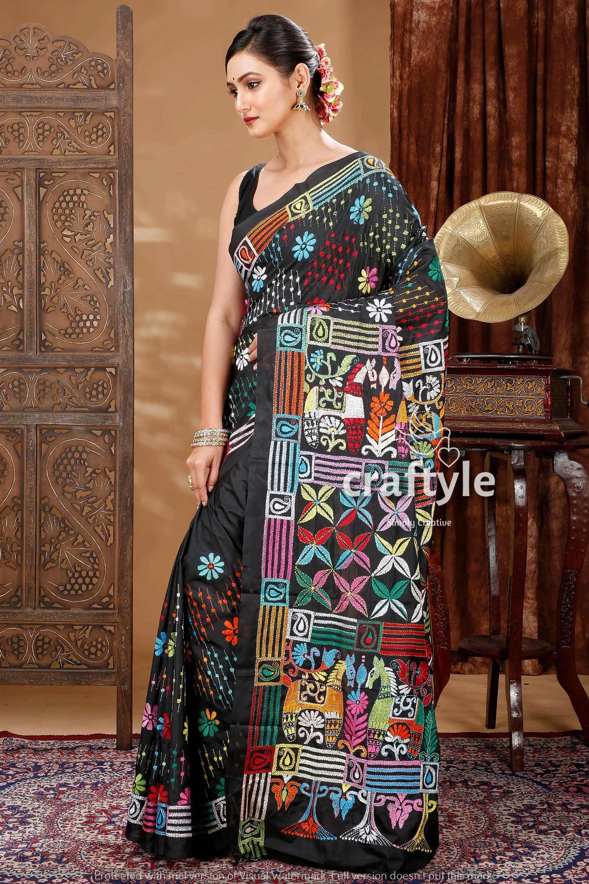 Grease black hand embroidered kantha silk saree black saree colorful embroidery 5