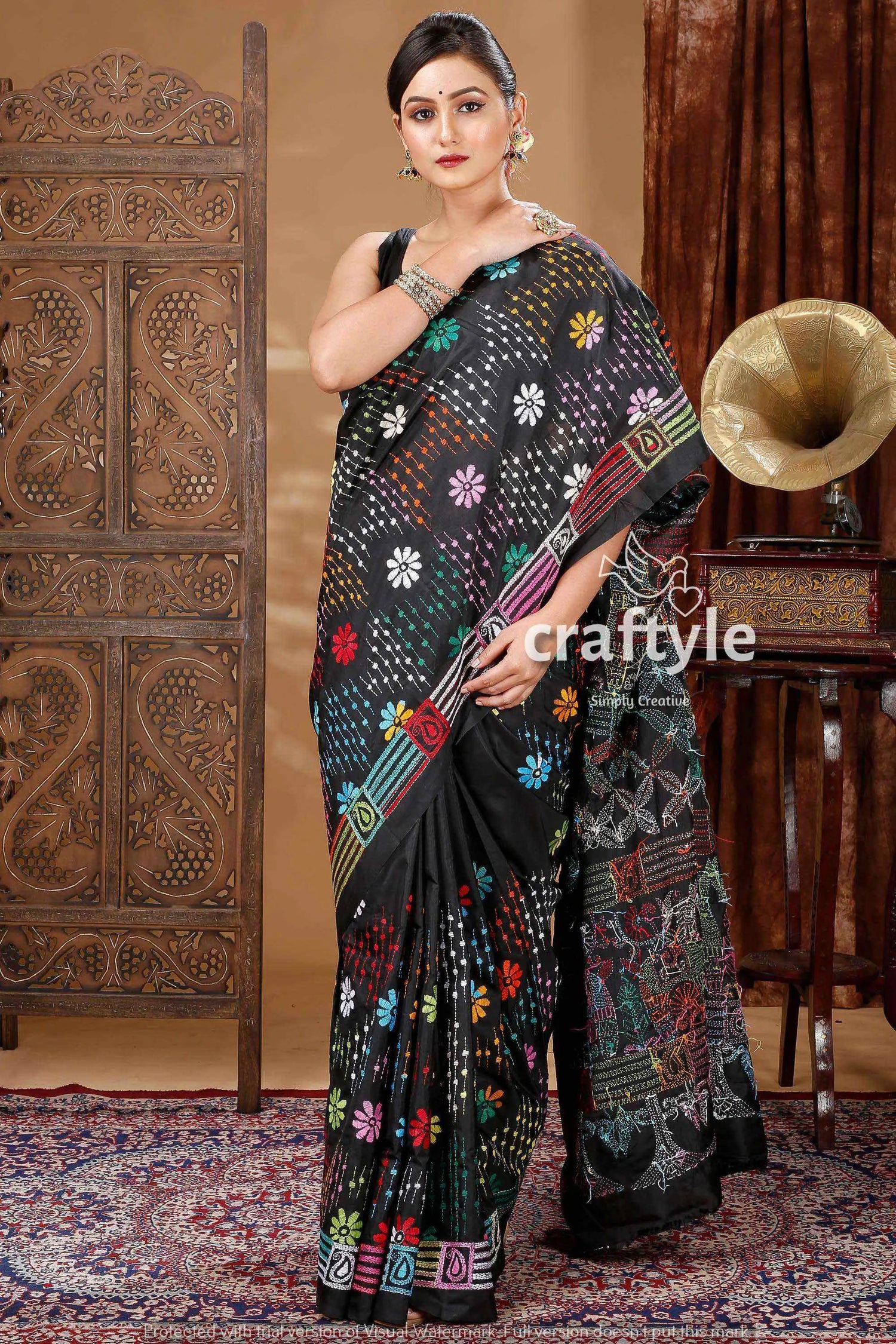 Grease black hand embroidered kantha silk saree black saree colorful floral embroidery 3