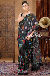Grease black hand embroidered kantha silk saree black saree colorful floral embroidery 3