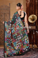Grease black hand embroidered kantha silk saree woman black saree colorful patchwork 4