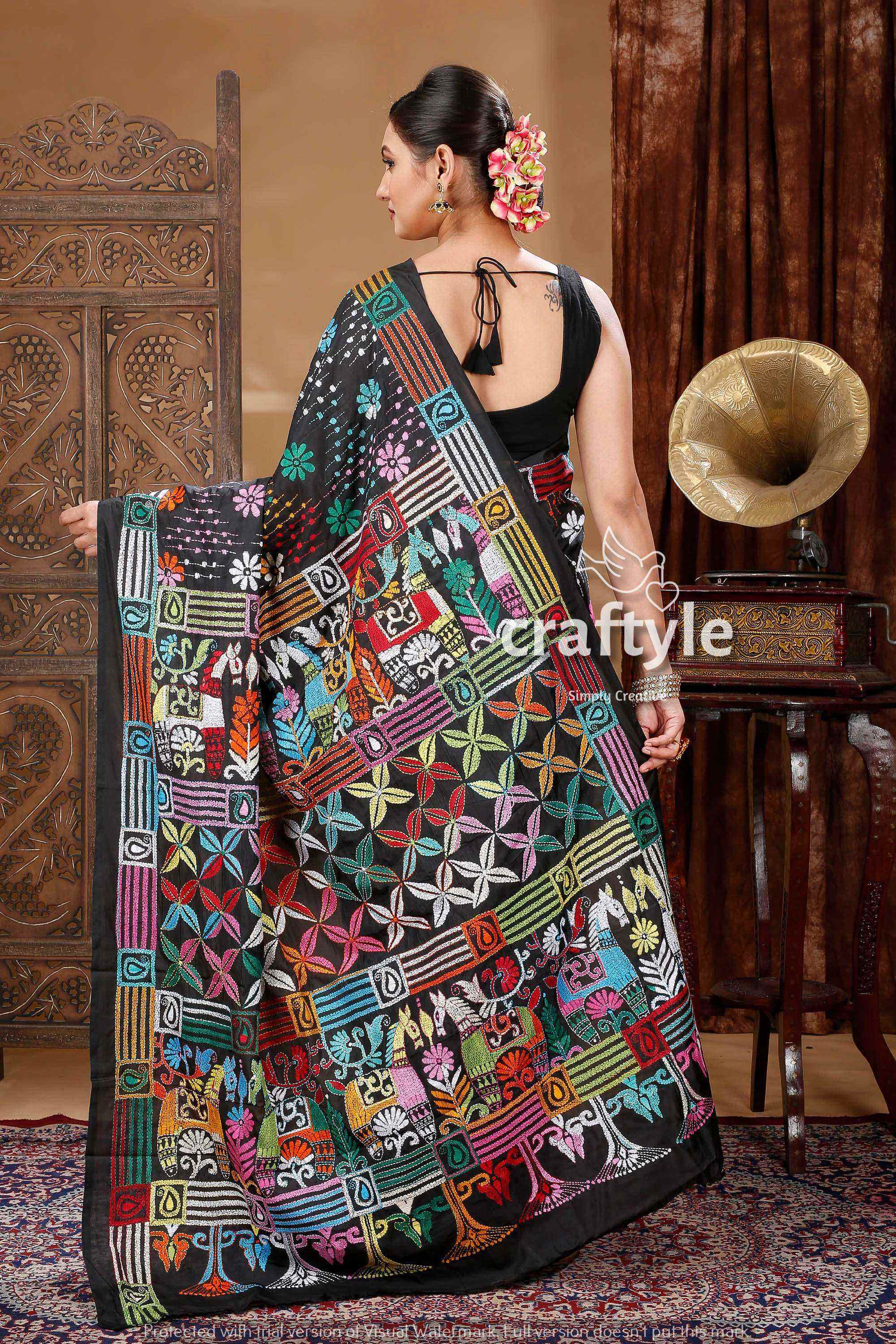 Grease Black Hand Embroidered Kantha Silk Saree-Craftyle