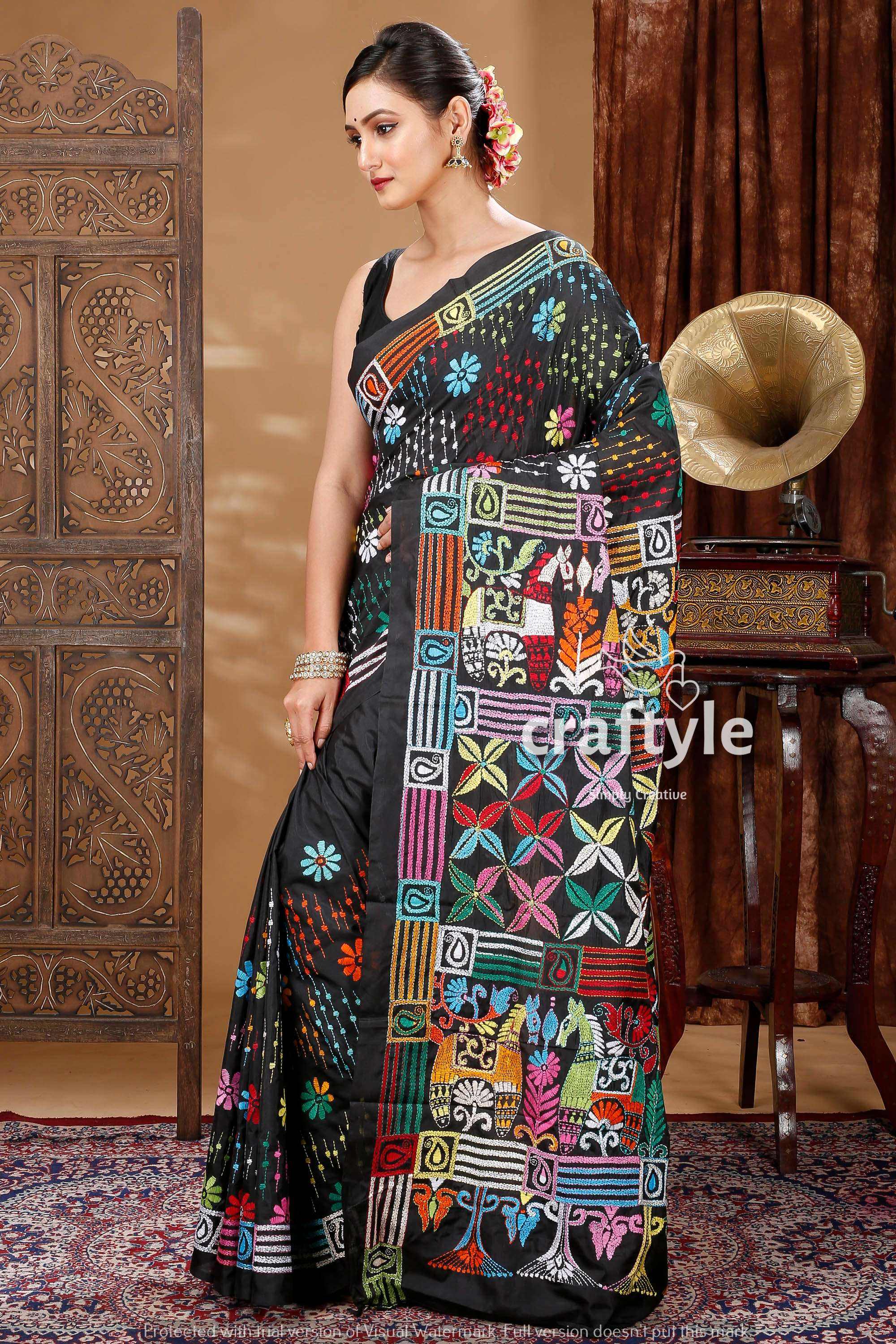 Grease Black Hand Embroidered Kantha Silk Saree-Craftyle