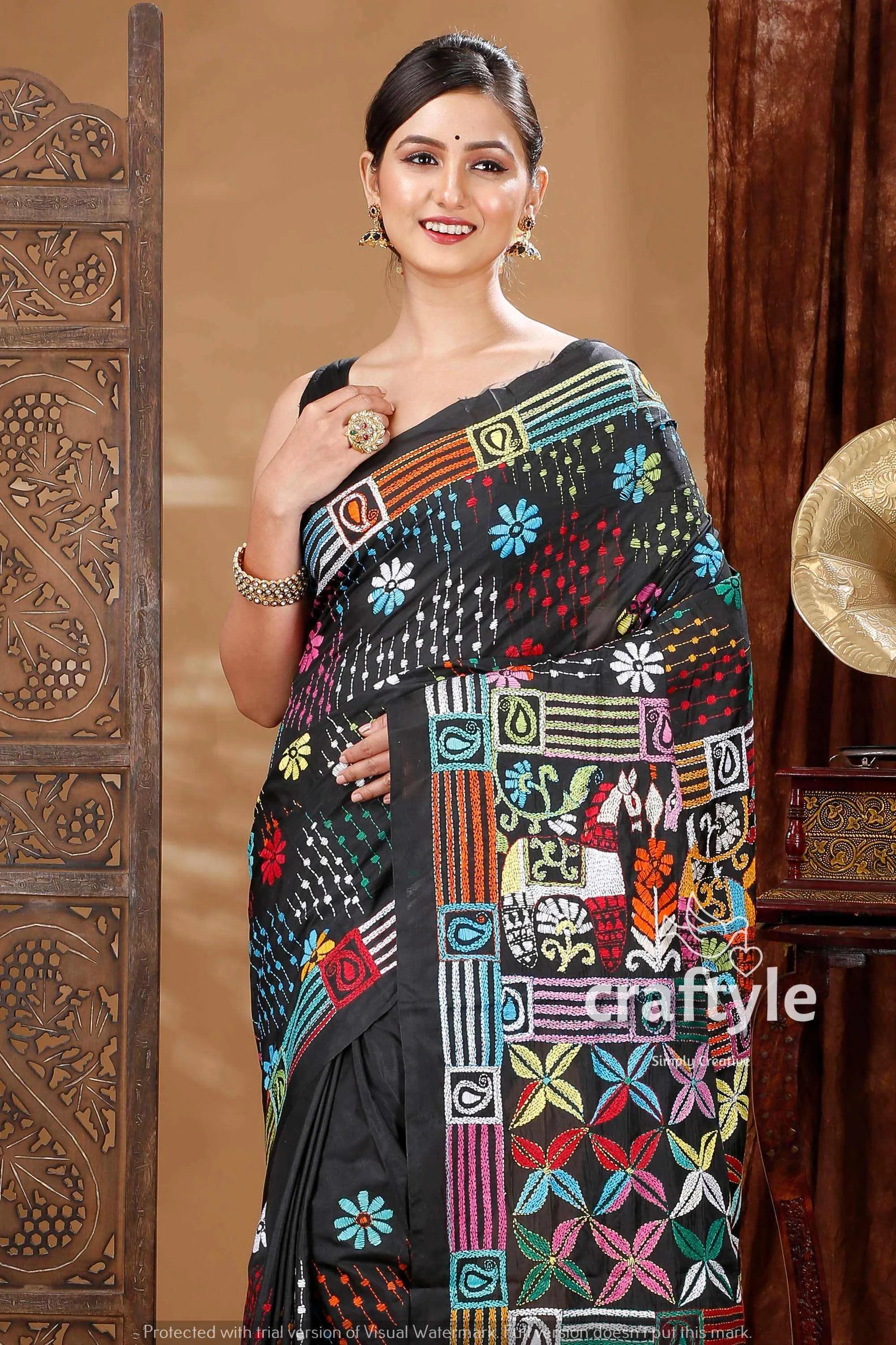 Grease black hand embroidered kantha silk saree black saree colorful embroidery 2