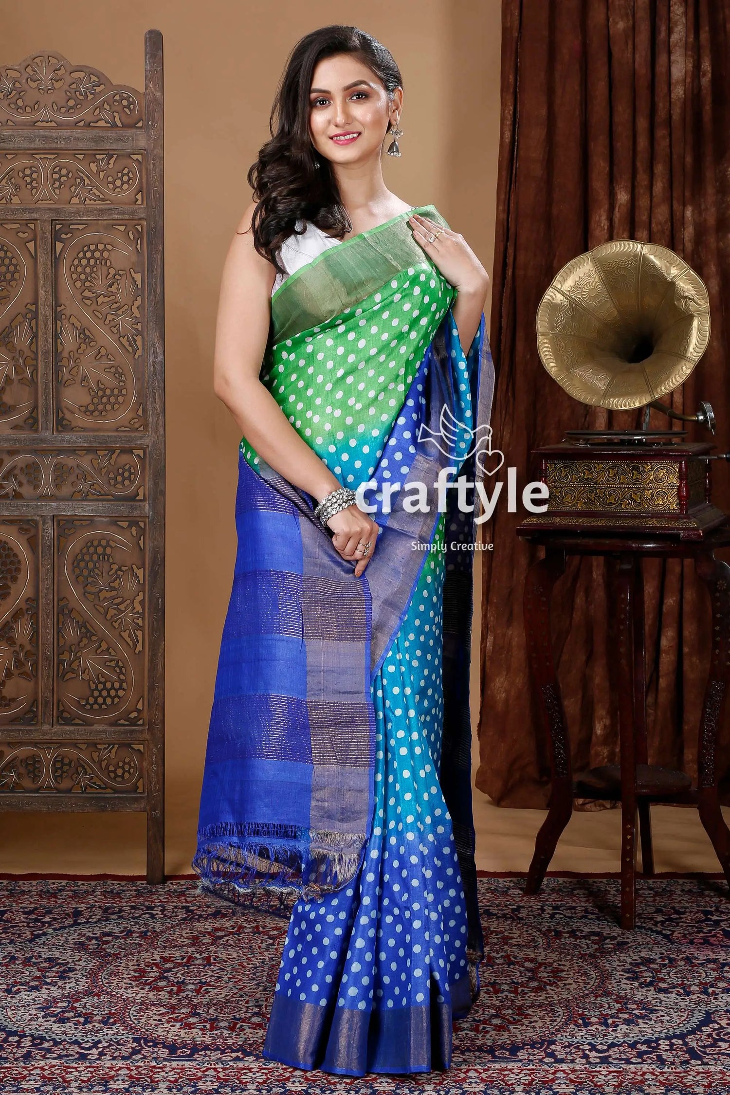 Green & blue hand block print zari border pure tussar silk sari green blue polka dot saree 5