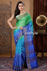 Green & blue hand block print zari border pure tussar silk sari green blue polka dot saree 1