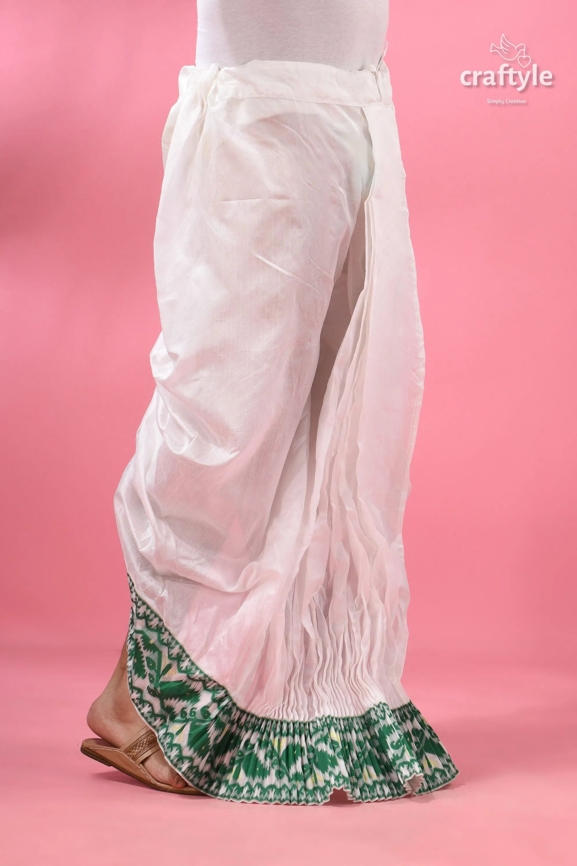 Green jamdani border mayur puccha silk dhoti - ready to wear white cotton harem pants green 2