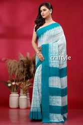 Green shibori handwoven cotton saree - artisan craftsmanship woman blue white saree 3