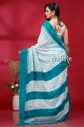 Green shibori handwoven cotton saree - artisan craftsmanship woman white teal saree 5
