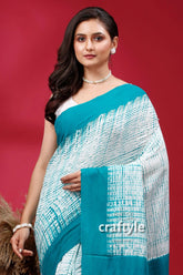 Green shibori handwoven cotton saree - artisan craftsmanship woman teal white saree 2