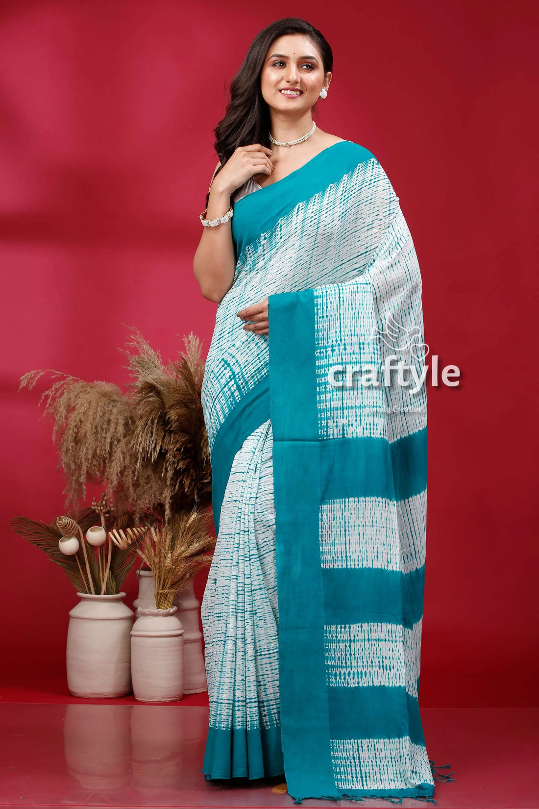 Green shibori handwoven cotton saree - artisan craftsmanship woman blue white 1