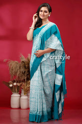 Green shibori handwoven cotton saree - artisan craftsmanship woman teal white saree 4