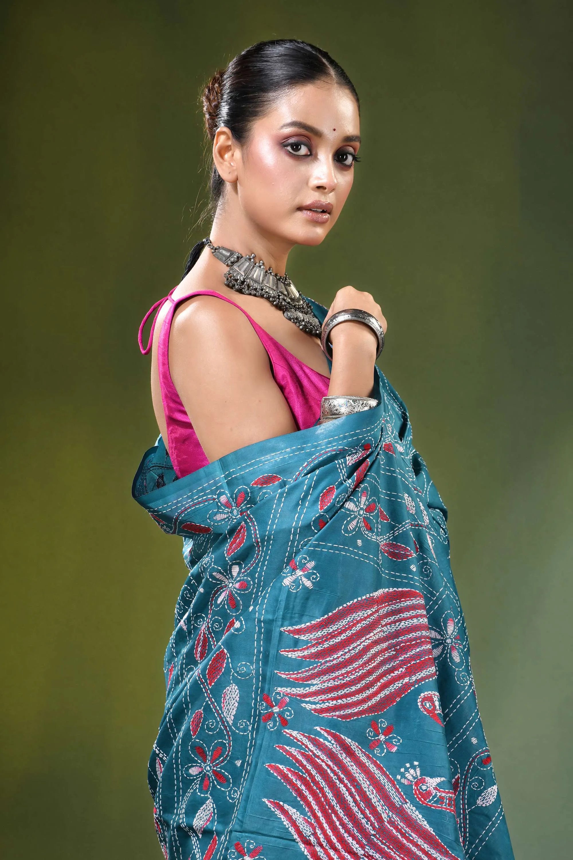 Greenish blue handcrafted peacock design multicolor silk kantha saree teal intricate red 2