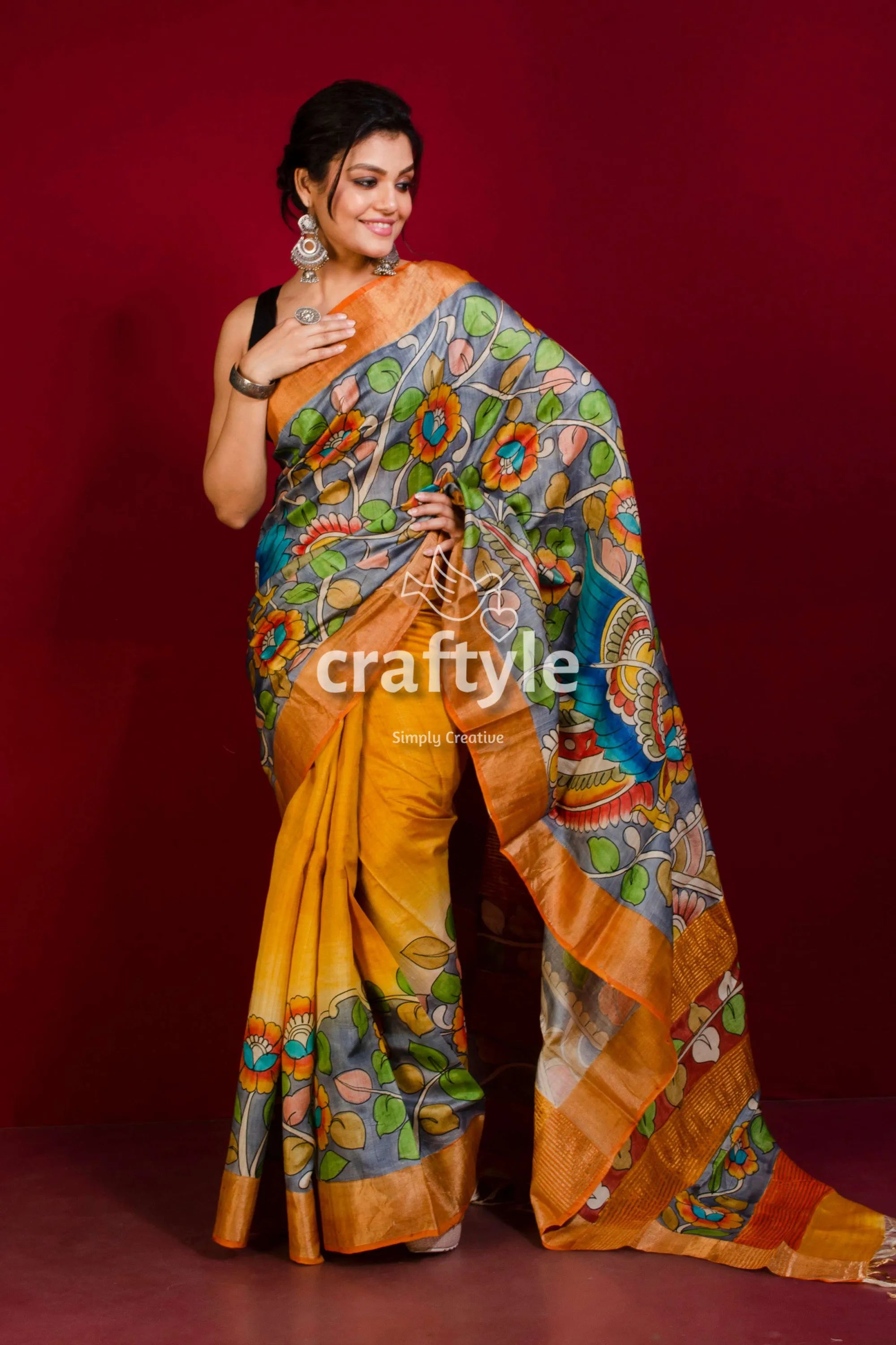 Grey and jaffa brown hand painted zari border pure tussar kalamkari sari woman yellow gray saree 2