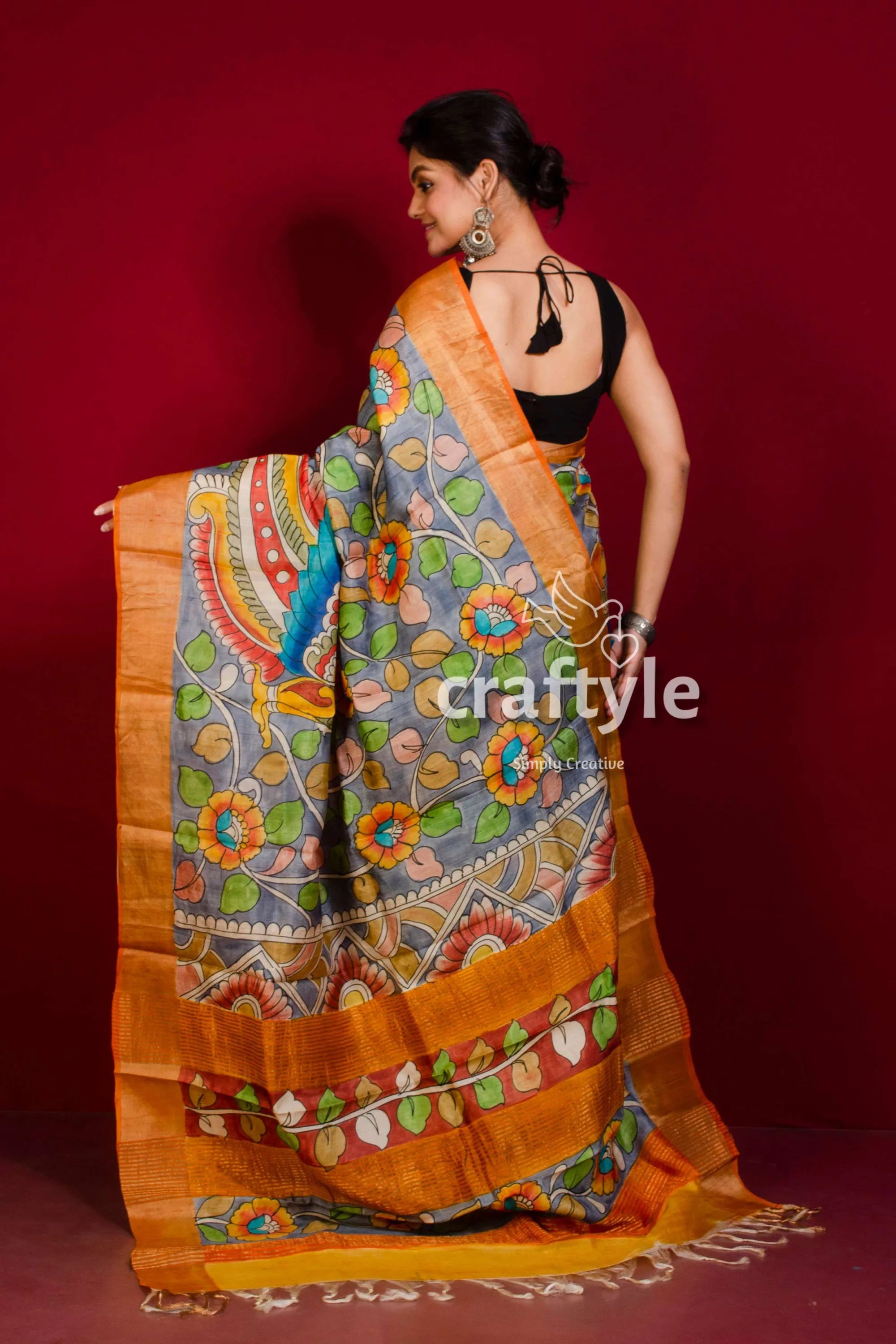 Grey and jaffa brown hand painted zari border pure tussar kalamkari sari hand-painted gray saree floral bird 4