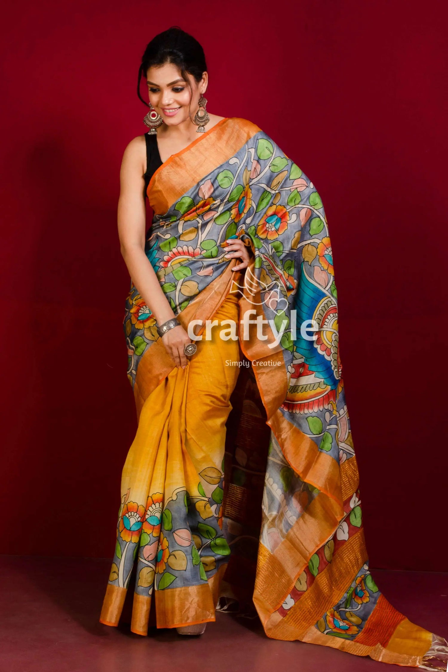 Grey and jaffa brown hand painted zari border pure tussar kalamkari sari woman yellow gray patterned saree 1