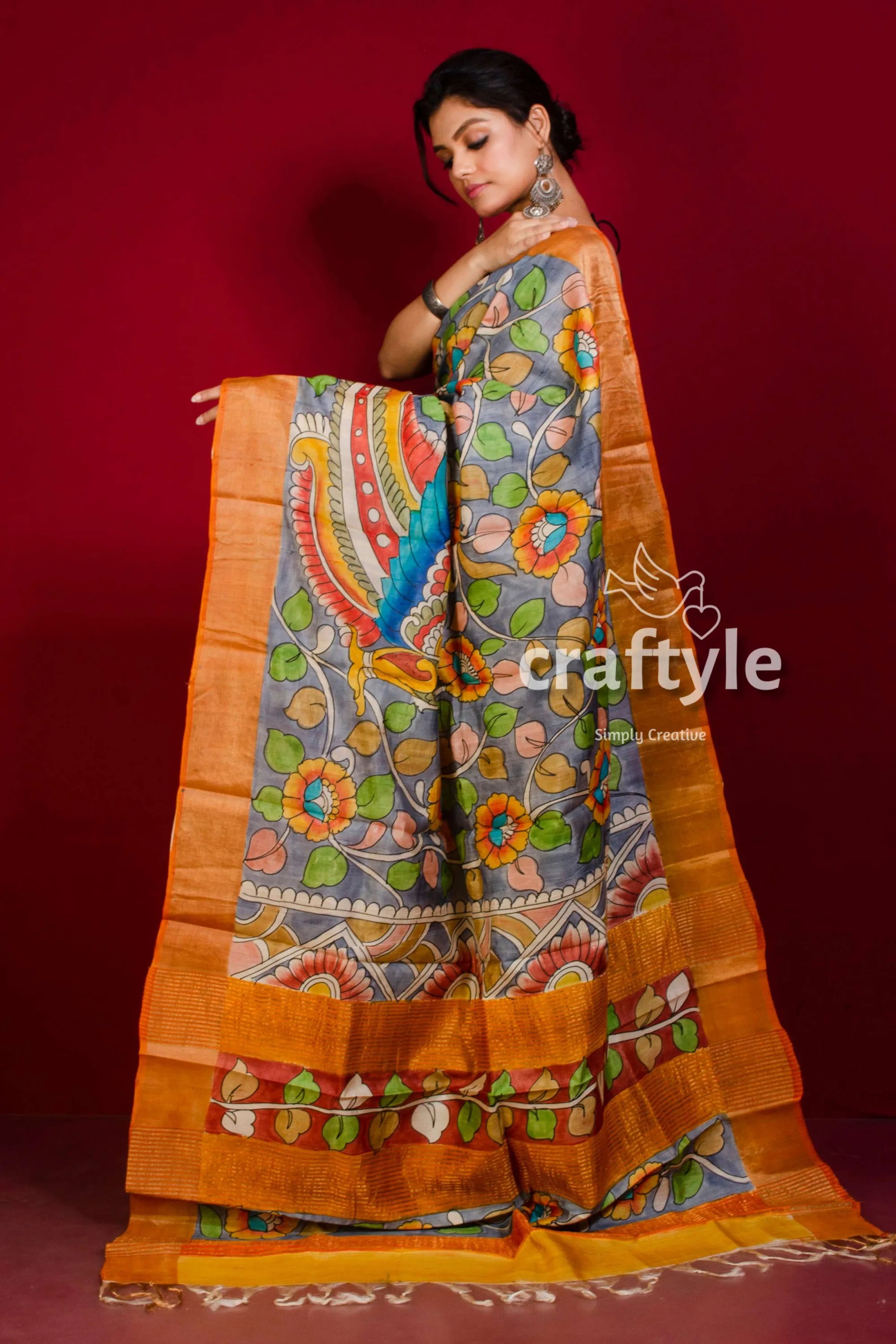 Grey and jaffa brown hand painted zari border pure tussar kalamkari sari woman hand-painted saree 3